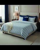 Parure housse de couette + taie carrée satin de coton Mateo blanc/bleu