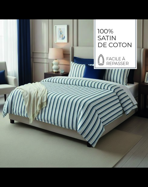 Parure housse de couette + taie carrée satin de coton Mateo blanc/bleu