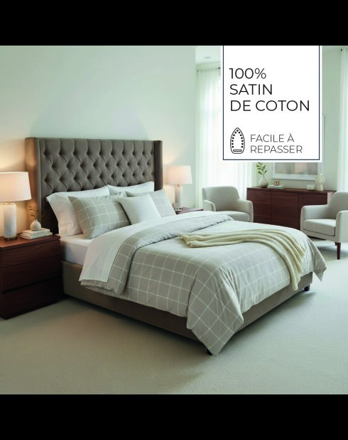 Set copripiumino Aurélie taupe + federe quadrate in raso di cotone