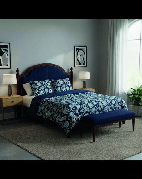 Parure housse de couette + taies carrées satin de coton Bleu baroque bleu foncé