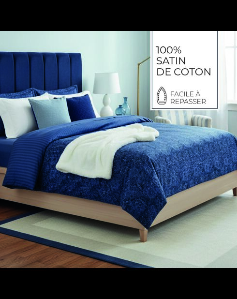 Parure housse de couette + taies carrées  satin de coton Eclipse fleuri bleues