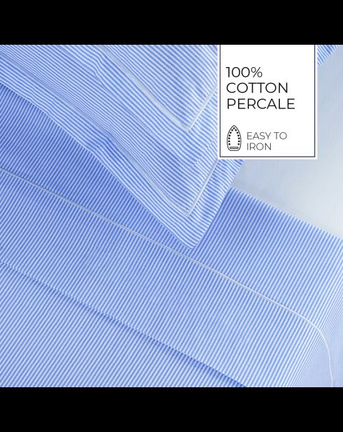 Parure housse de couette + taie carrée coton percale Grenoble bleu clair