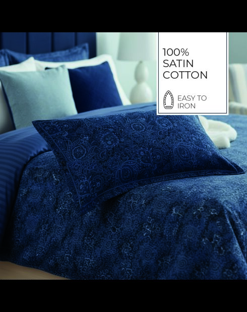 Taie d'oreiller satin de coton Eclipse fleuri bleue - 2 x (63 x 63 cm)
