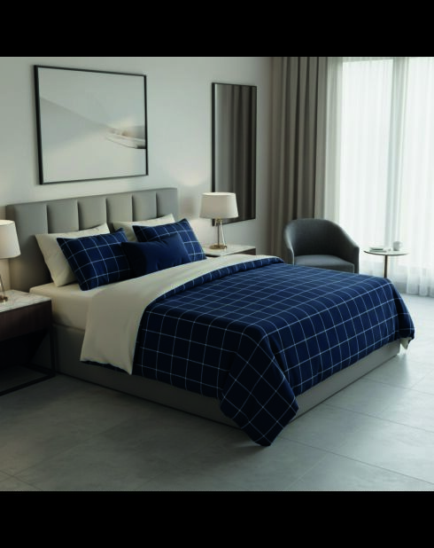 Parure housse de couette + taies carrées  satin de coton Aurélie bleu foncé