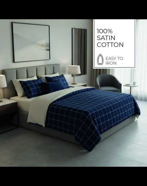 Parure housse de couette + taies carrées  satin de coton Aurélie bleu foncé