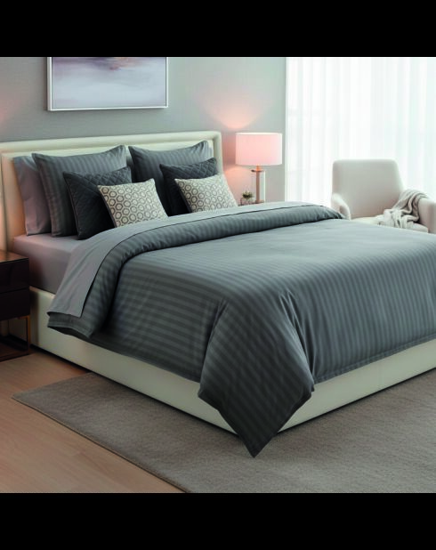 Parure housse de couette + taies carrées carrées satin de coton rayure tissé dobby Jacquard gris 02