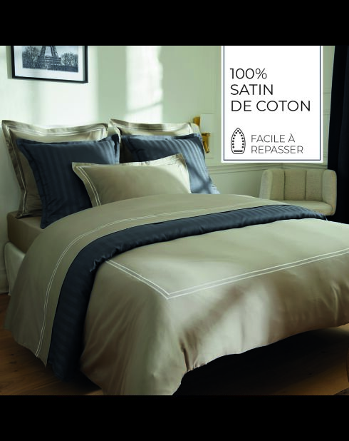 Parure housse de couette + taie carrée satin de coton Biarritz blanc/taupe
