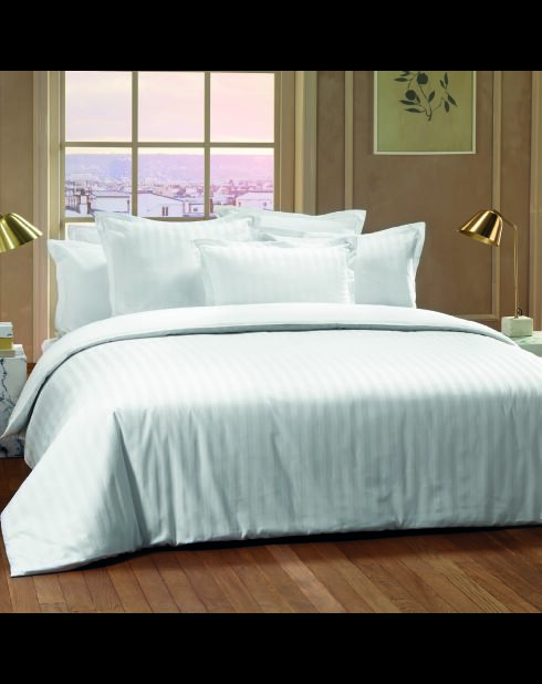 Parure housse de couette + taie carrée satin de coton rayure tissé dobby Jacquard blanc 01