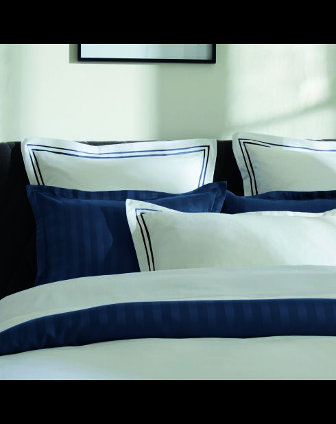 Parure housse de couette + taies carrées carrées satin de coton Biarritz bleu foncé/blanc