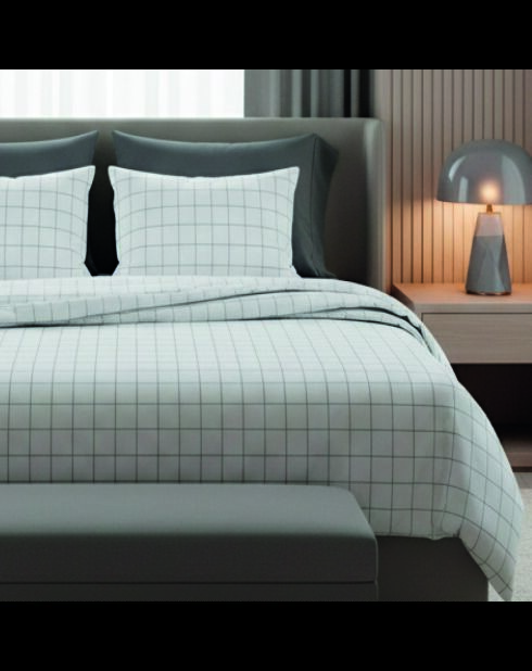 Parure housse de couette + taies carrées carrées satin de coton Simples carreaux blanc/taupe