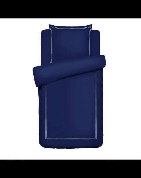 Parure housse de couette + taie carrée satin de coton Biarritz blanc/bleu foncé
