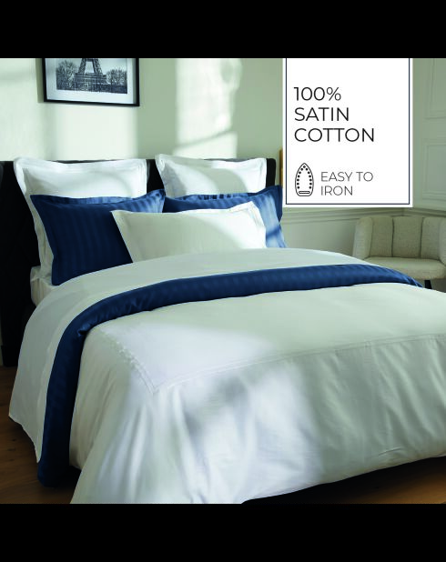 Parure housse de couette + taies carrées carrées satin de coton Biarritz blanches