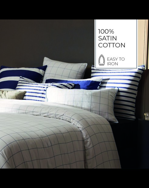 Parure housse de couette + taies carrées carrées satin de coton Simples carreaux blanc/bleu