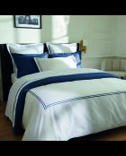 Parure housse de couette + taies carrées carrées satin de coton Biarritz bleu foncé/blanc