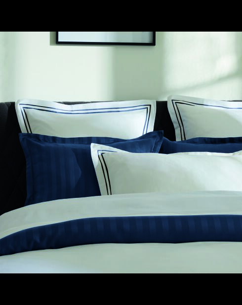 Parure housse de couette + taies carrées carrées satin de coton Biarritz bleu foncé/blanc
