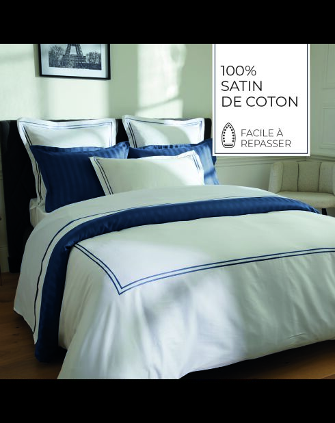 Parure housse de couette + taies carrées carrées satin de coton Biarritz bleu foncé/blanc