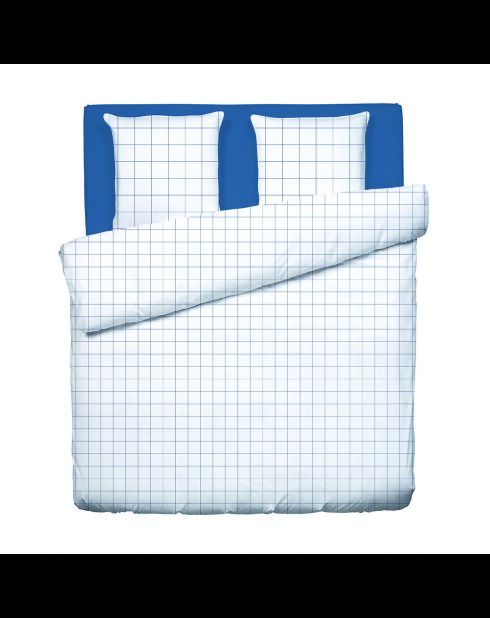 Parure housse de couette + taies carrées carrées satin de coton Simples carreaux blanc/bleu