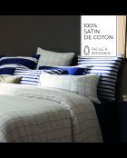 Parure housse de couette + taies carrées carrées satin de coton Simples carreaux blanc/bleu