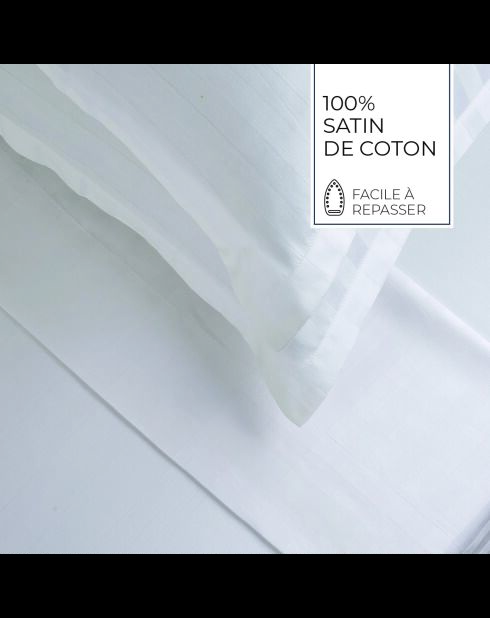 Parure housse de couette + taies carrées carrées satin de coton rayure tissé dobby Jacquard blanc 01