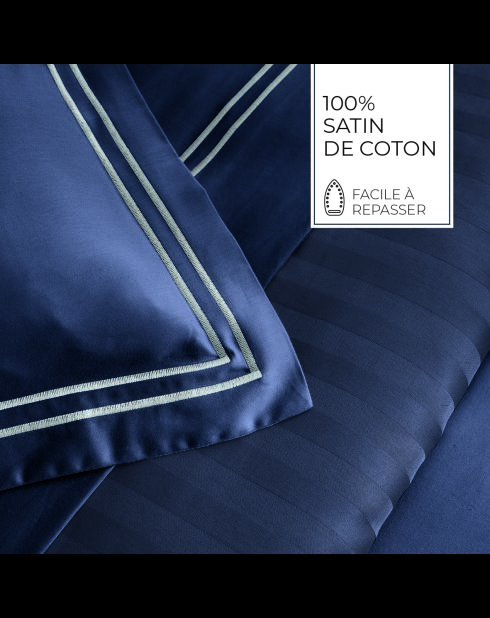 Taie de traversin satin de coton Biarritz blanc/bleu foncé - 43x210 cm