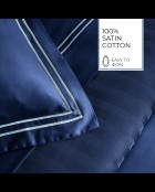 Parure housse de couette + taies carrées carrées satin de coton Biarritz blanc/bleu foncé
