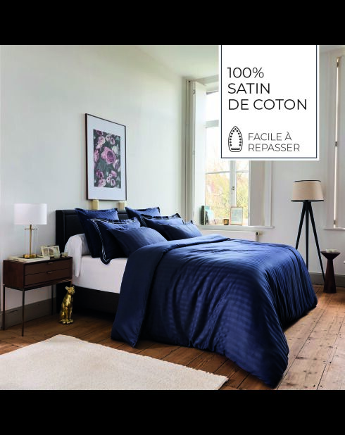 Parure housse de couette + taies carrées satin de coton rayure tissé dobby Jacquard bleu 11