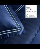 Parure housse de couette + taies carrées carrées satin de coton Biarritz blanc/bleu foncé