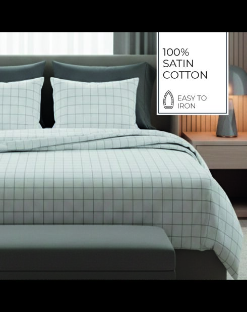 Parure housse de couette + taies carrées carrées satin de coton Simples carreaux blanc/taupe