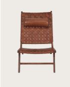 Fauteuil lounge dossier haut en teck et cuir California marron -  66x86x92 cm