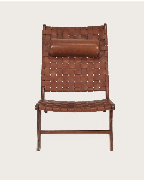 Fauteuil lounge dossier haut en teck et cuir California marron - 66x86x92 cm
