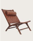 Fauteuil lounge dossier haut en teck et cuir California marron -  66x86x92 cm
