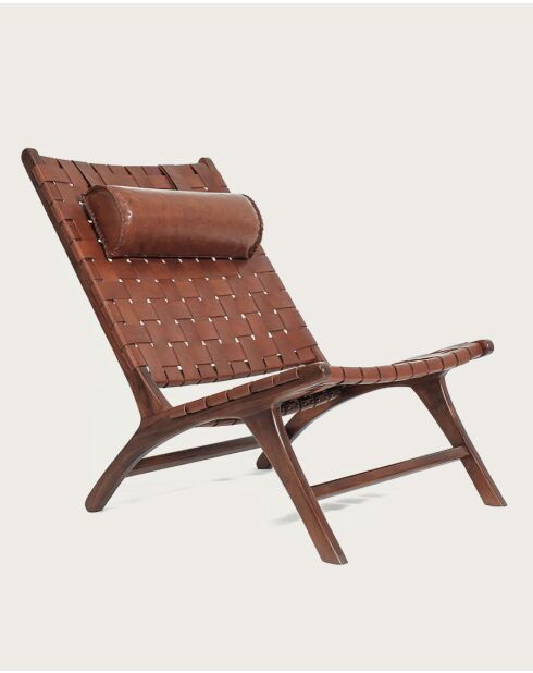 Fauteuil lounge dossier haut en teck et cuir California marron - 66x86x92 cm