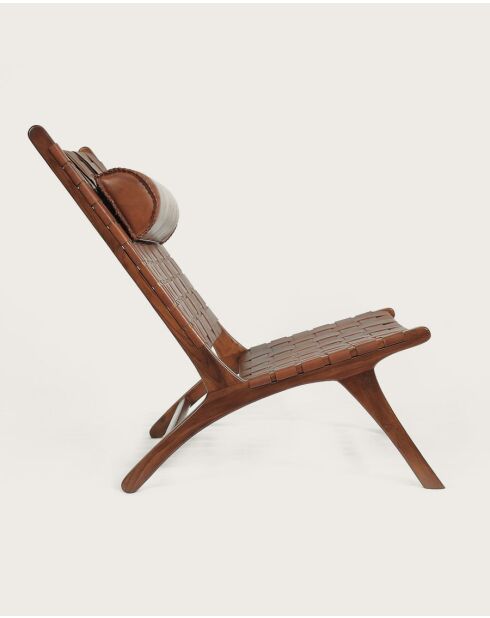 Fauteuil lounge dossier haut en teck et cuir California marron - 66x86x92 cm