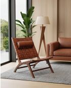 Fauteuil lounge dossier haut en teck et cuir California marron -  66x86x92 cm