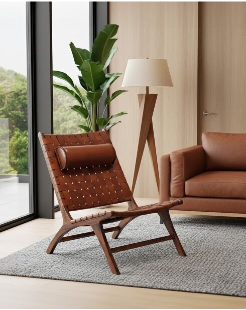 Fauteuil lounge dossier haut en teck et cuir California marron - 66x86x92 cm
