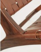 Fauteuil lounge dossier haut en teck et cuir California marron -  66x86x92 cm