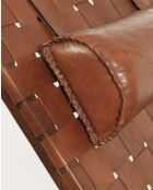 Fauteuil lounge dossier haut en teck et cuir California marron -  66x86x92 cm
