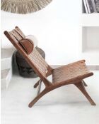 Fauteuil lounge dossier haut en teck et cuir California marron -  66x86x92 cm