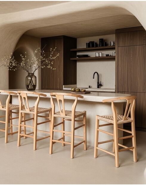 Tabourets de bar en teck et corde tressée Soren naturels  - 45x50x98 cm