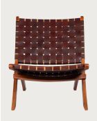 Fauteuil pliant en teck et en cuir tressé Kenza marron - 66x74x78 cm