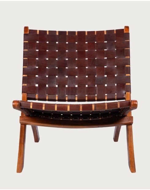 Fauteuil pliant en teck et en cuir tressé Kenza marron - 66x74x78 cm