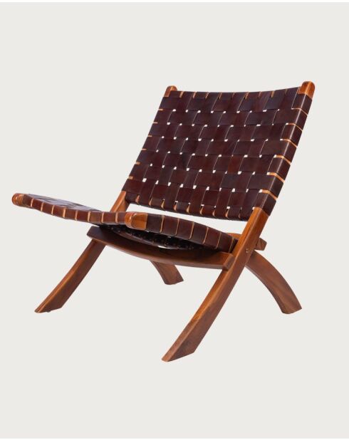 Fauteuil pliant en teck et en cuir tressé Kenza marron - 66x74x78 cm