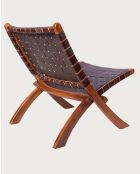 Fauteuil pliant en teck et en cuir tressé Kenza marron - 66x74x78 cm
