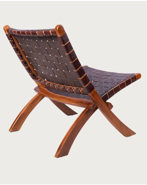Fauteuil pliant en teck et en cuir tressé Kenza marron - 66x74x78 cm