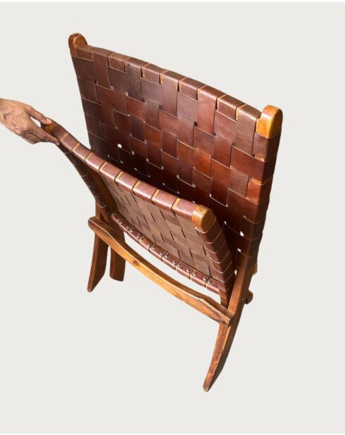 Fauteuil pliant en teck et en cuir tressé Kenza marron - 66x74x78 cm