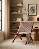 Fauteuil pliant en teck et en cuir tressé Kenza marron - 66x74x78 cm