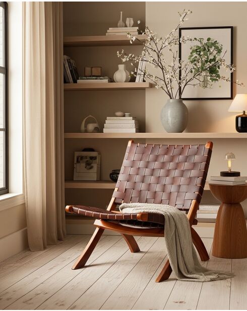 Fauteuil pliant en teck et en cuir tressé Kenza marron - 66x74x78 cm