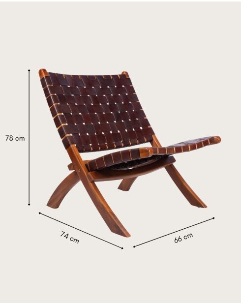 Fauteuil pliant en teck et en cuir tressé Kenza marron - 66x74x78 cm