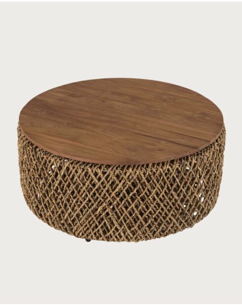 Mesita grande de madera maciza de teca y tejido de plátano con almacenamiento natural Yuda, 80 x 42 x 80 cm