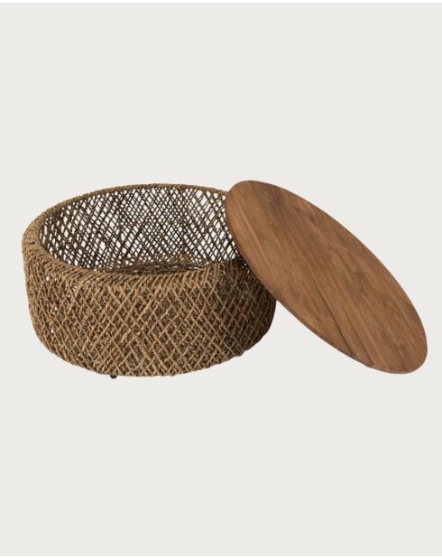 Mesita grande de madera maciza de teca y tejido de plátano con almacenamiento natural Yuda, 80 x 42 x 80 cm
